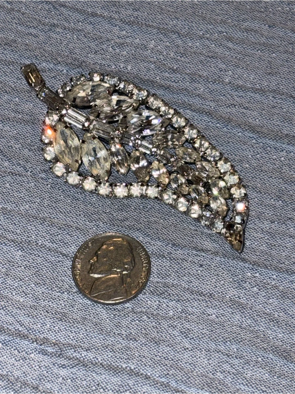 Crystal Leaf Brooch - Silver-Tone Clear Rhinestones